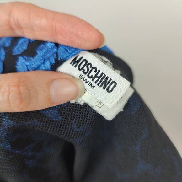 Moschino Swim Shorts Mens 42 Blue Metallic Leopard‎ Print Trunks Beach Glam - Picture 7 of 10